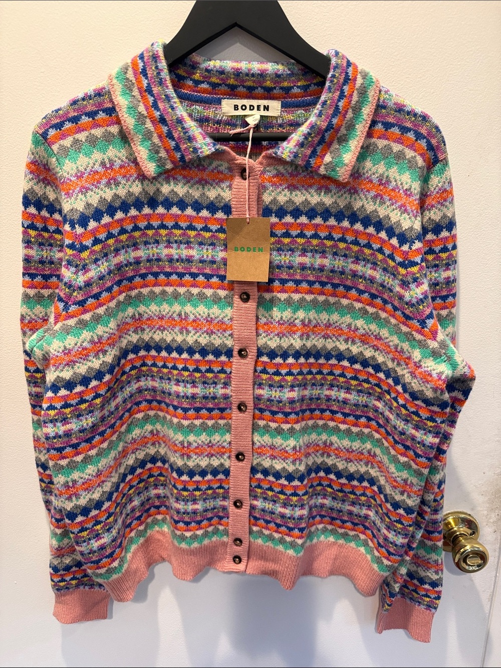 Boden Multicolor Fair Isle Cardigan with Pink Trim